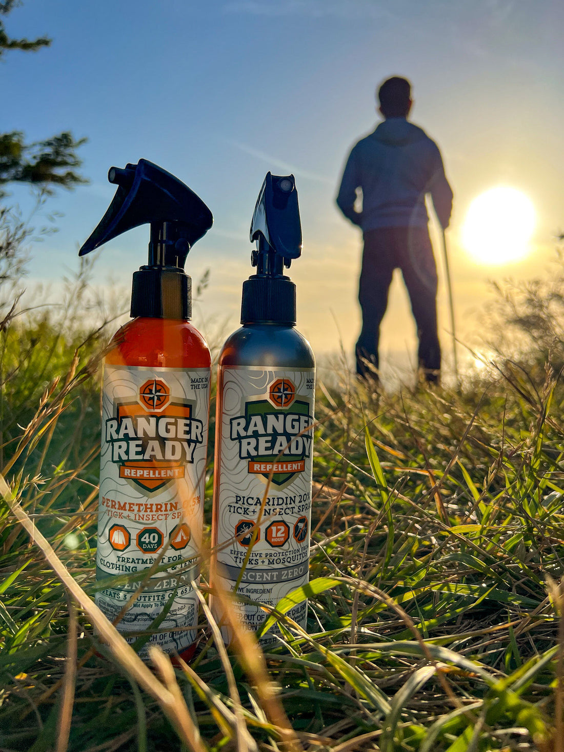Ranger Ready Permethrin and Picaridin 20% Insect Repellent in the grass during sunset