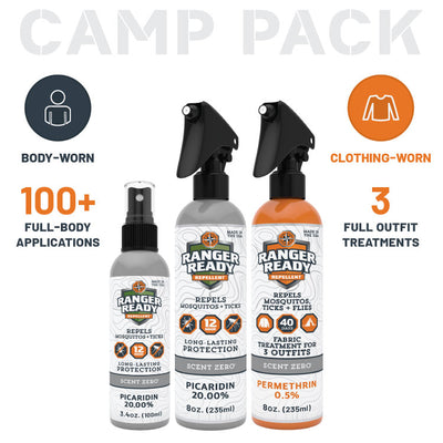 Ranger Ready Camp Pack - Picaridin 20% Body-Worn Repellent with 100+ Full-Body Applications and Permethrin 0.5% Clothing-Worn Repellent That Treats 3 Full Outfits